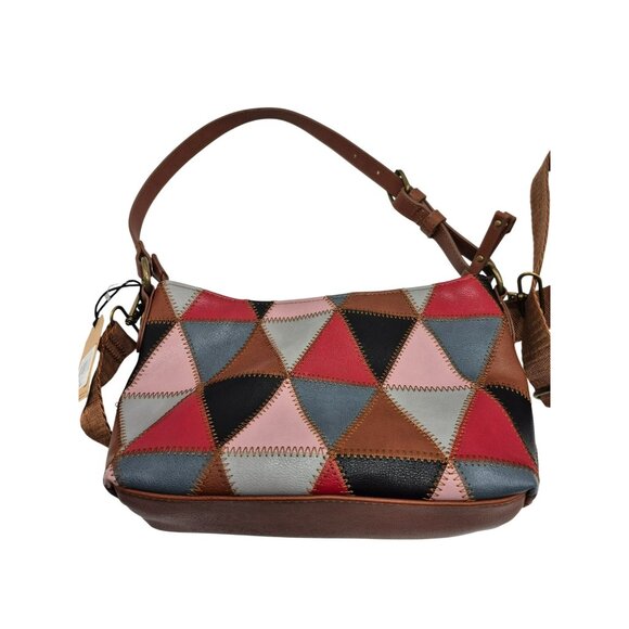 Frye & Co. Geometric Patchwork Leather Crossbody Shoulderbag Purse Brown Brass - Picture 3 of 14